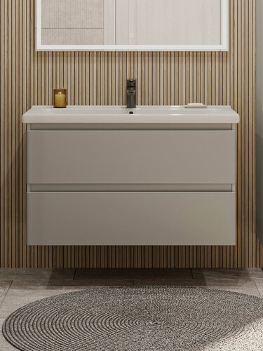 Изображение товара Тумба подвесная SanStar Riana 100 с раковиной Миранда 100 (комплект) для ванной комнаты, грей