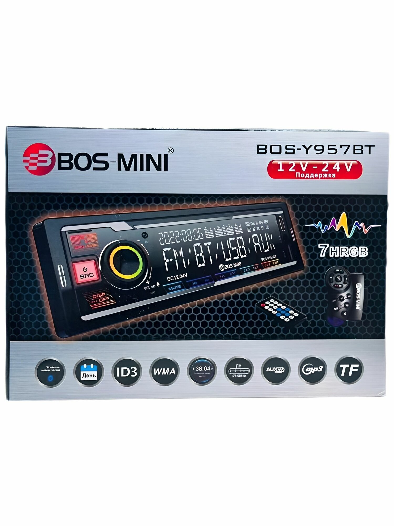 Автомагнитола BOS-MINI BOS-Y957BT 1Din, Bluetooth, USB, AUX, 12-24V