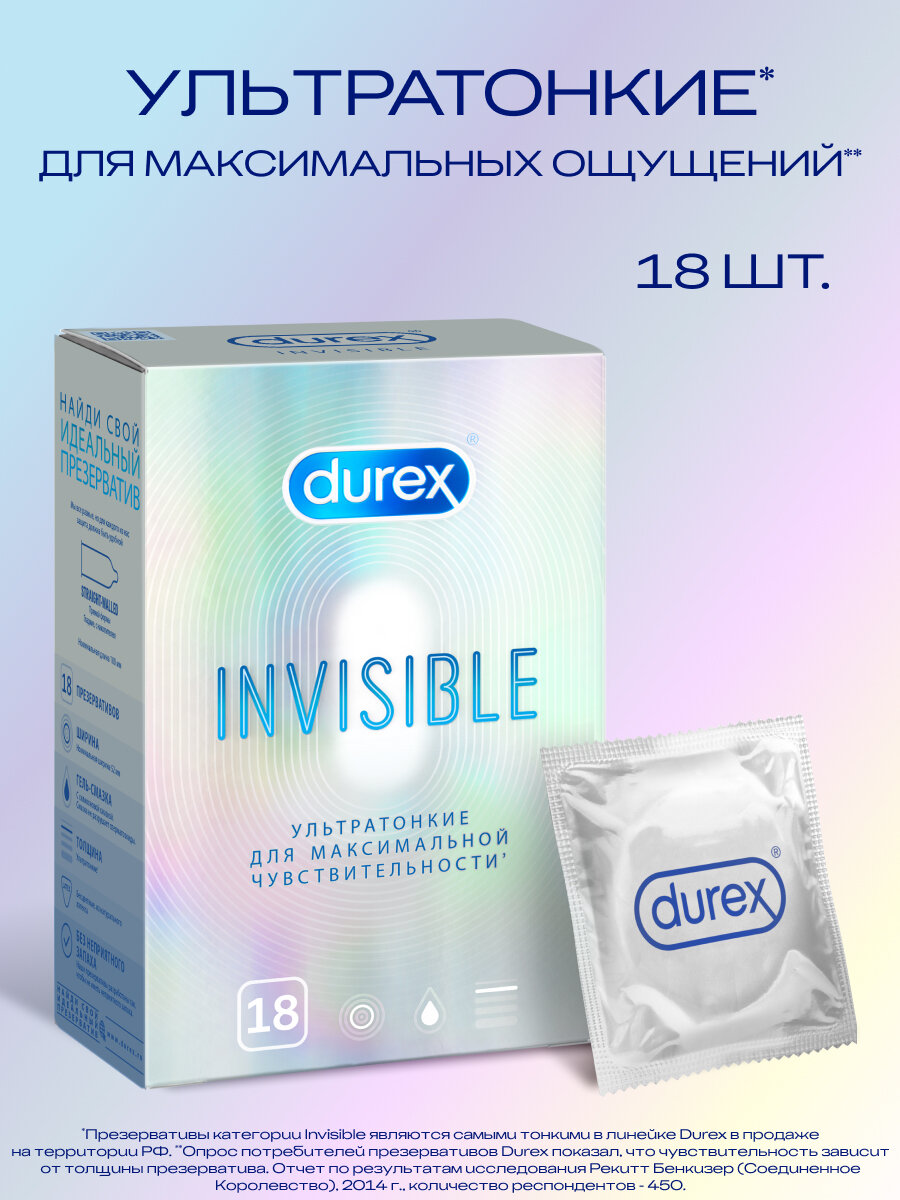 Презервативы Durex Invisible ультратонкие, для максимальной чувствительности, 18 шт