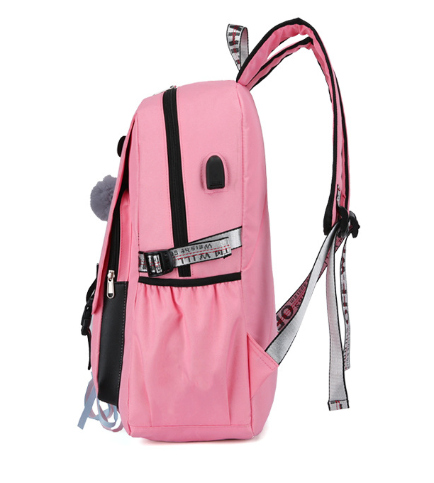 Картинки Рюкзак MyPads M-658 из нейлоновой непромокаемой ткани, для ноутбука Dell Asus Acer Lenovo HP Xiaomi диагональю 14/15/15.6 дюймов с USB портом. Женский детский с креативным дизайном розовый + брелок пушок