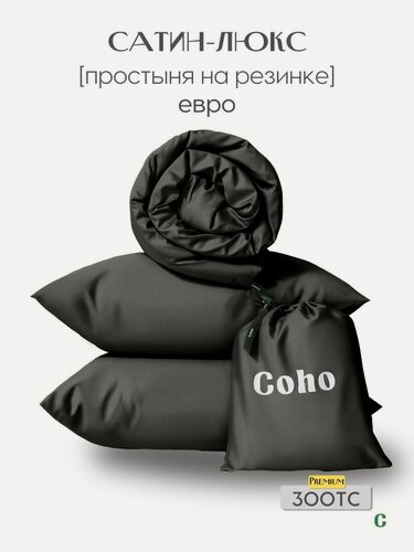 Изображение товара Комплект постельного белья, евро, 50x70, на резинке, сатин люкс, черный, Coho Home