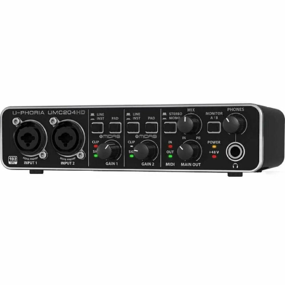Behringer U-Phoria UMC204HD для аудиофилов, 2x4, 24-разрядный/192 кГц USB аудио/MIDI интерфейс с микрофонным предусилителем Midas — фото 1