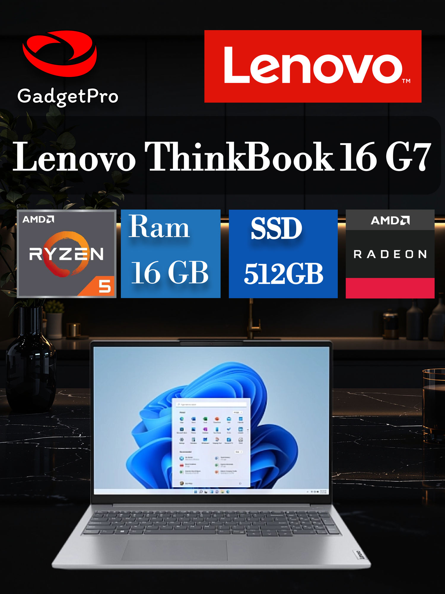 Ноутбук Lenovo ThinkBook 16 G7 ARP 16" IPS WUXGA, Ryzen 5 7535HS, 16ГБ, SSD 512ГБ, Radeon Graphics, подсветка, серый