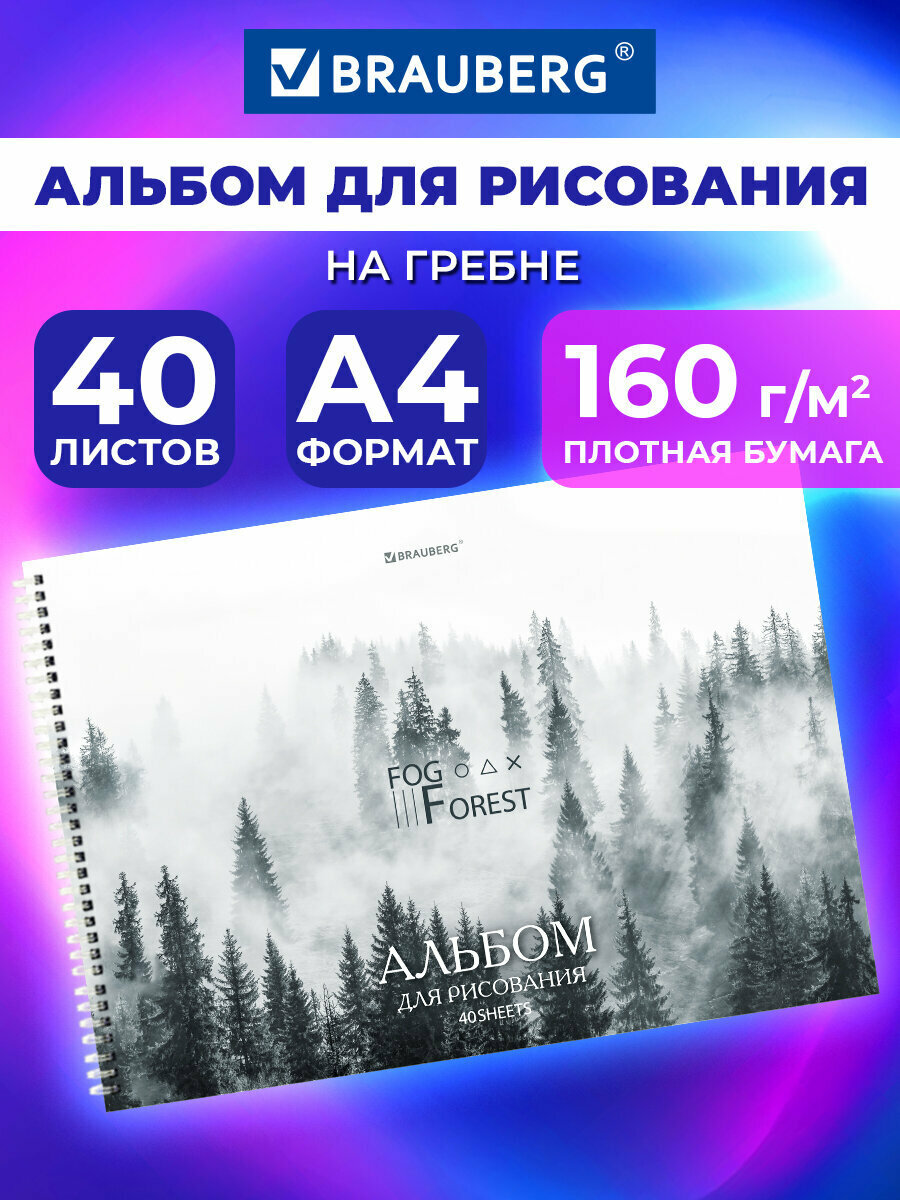 Альбом для рисования в школу А4 40 листов на спирали, плотная бумага 160 г/м2, обложка картон, Brauberg Туман, 107033