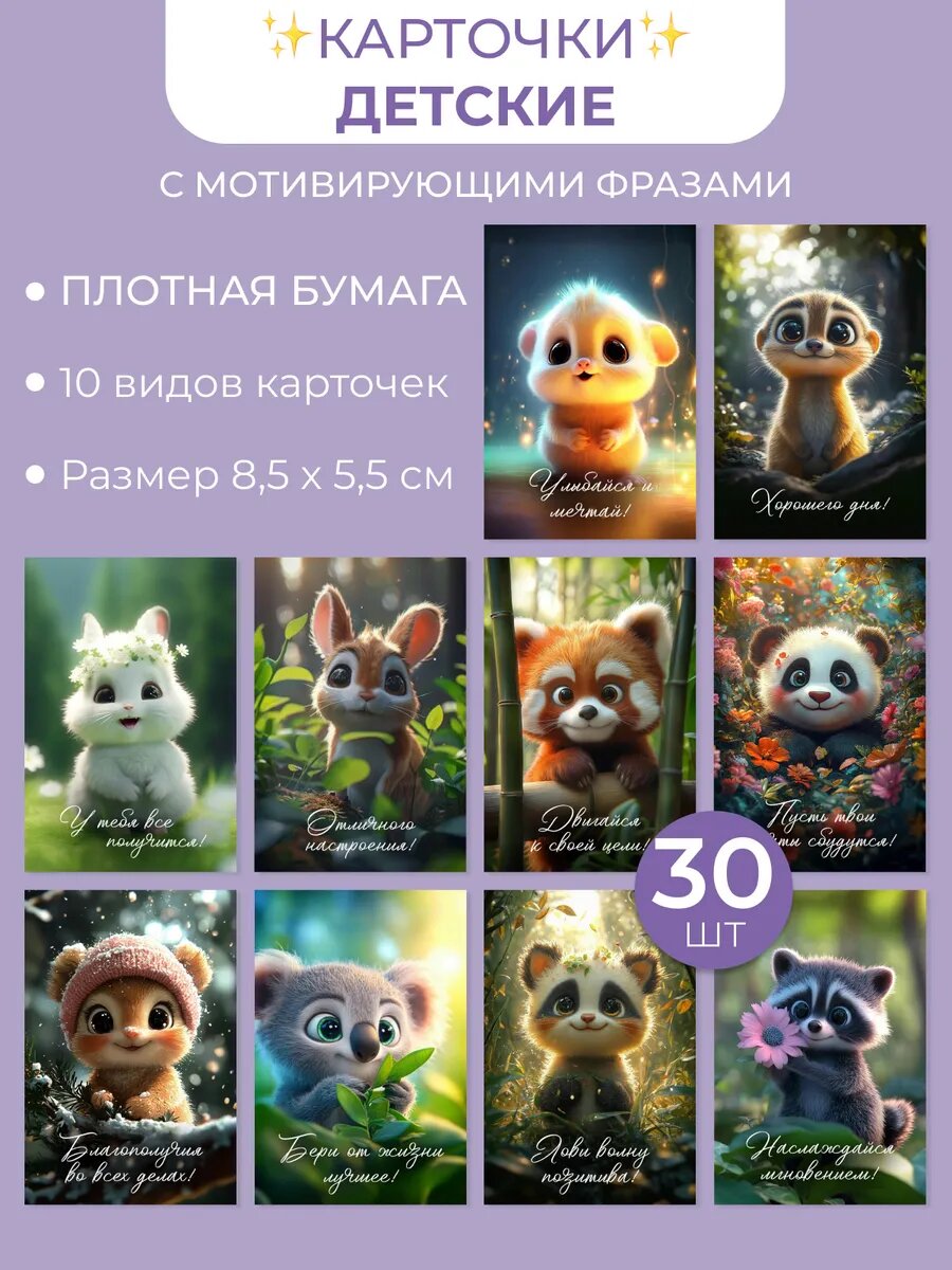 Карточки мини открытки детские с аффирмациями набор из 30 шт — фото 1