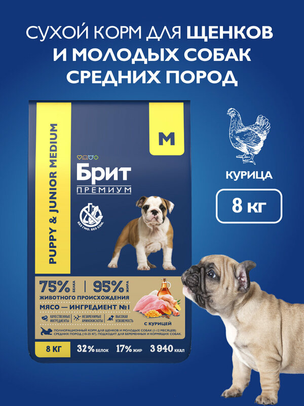 Сухой корм для щенков средних пород, курица, 8 кг Брит Премиум