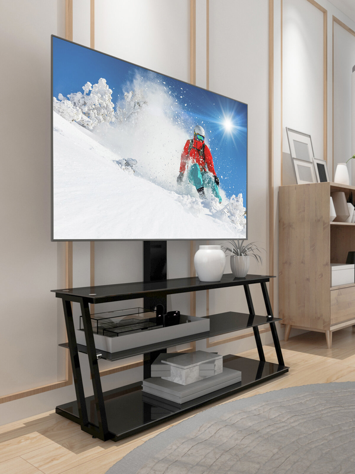 Стойка для телевизора с кронштейном 32"-75", COZY CAT TW3001,3-слойное Чёрный закаленное стекло