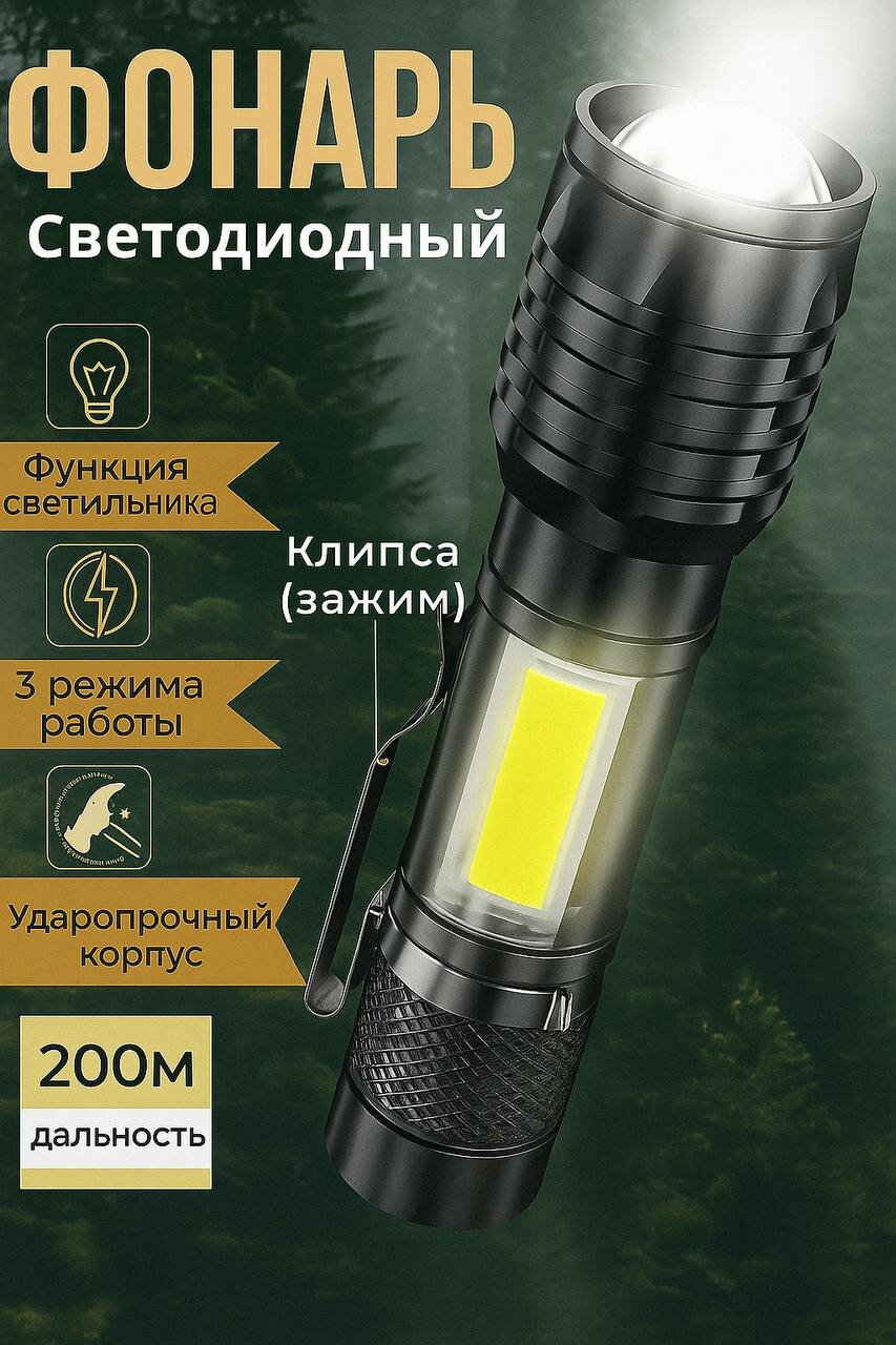 Ручной фонарь SolarLamp светодиодный с фокусировкой компактный сверхъяркий зарядка от MicroUSB
