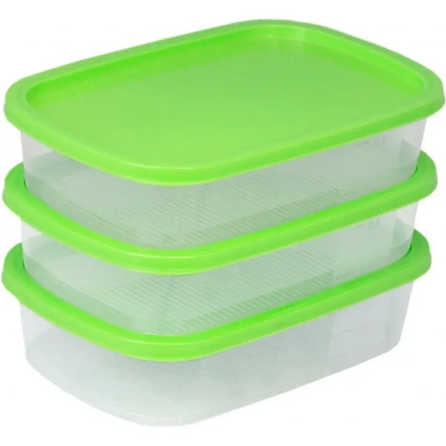Набор прямоугольных контейнеров 3 шт 1 л прозрачные с зелеными крышками герметичные