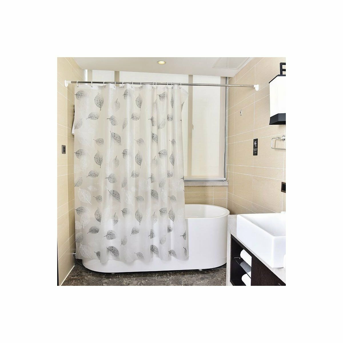 Занавеска для ванной PEVA Листья 180x200 см 90 гр/м2 с 12 пластиковыми кольцами из нержавеющей стали