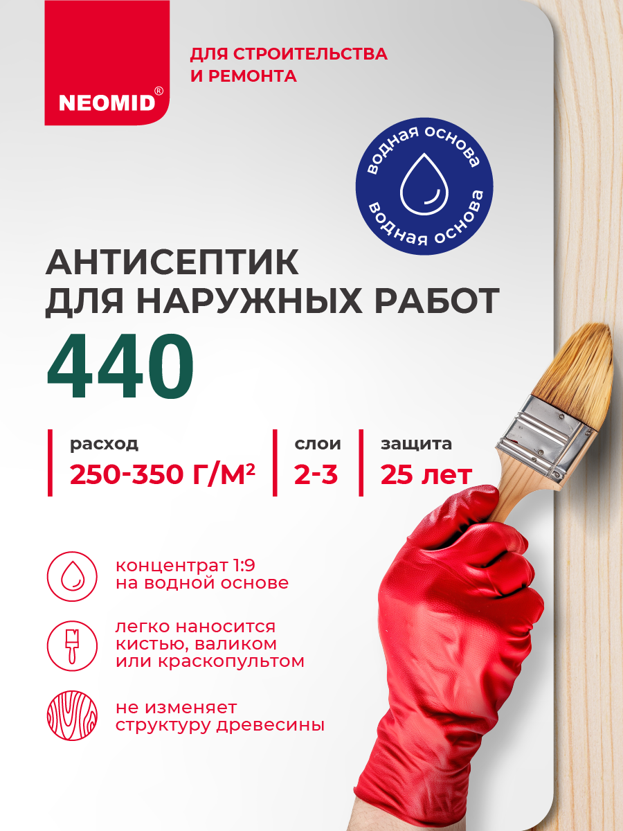 Антисептик для дерева Neomid 440 Бесцветный (1 кг) / Деревозащитный состав для наружных работ и внутренних работ — фото 1