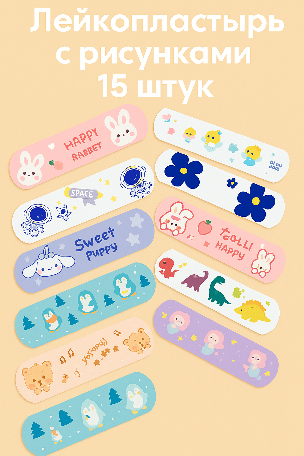 Набор лейкопластырей, с рисунками, водостойкие, мозольные, 15 шт.