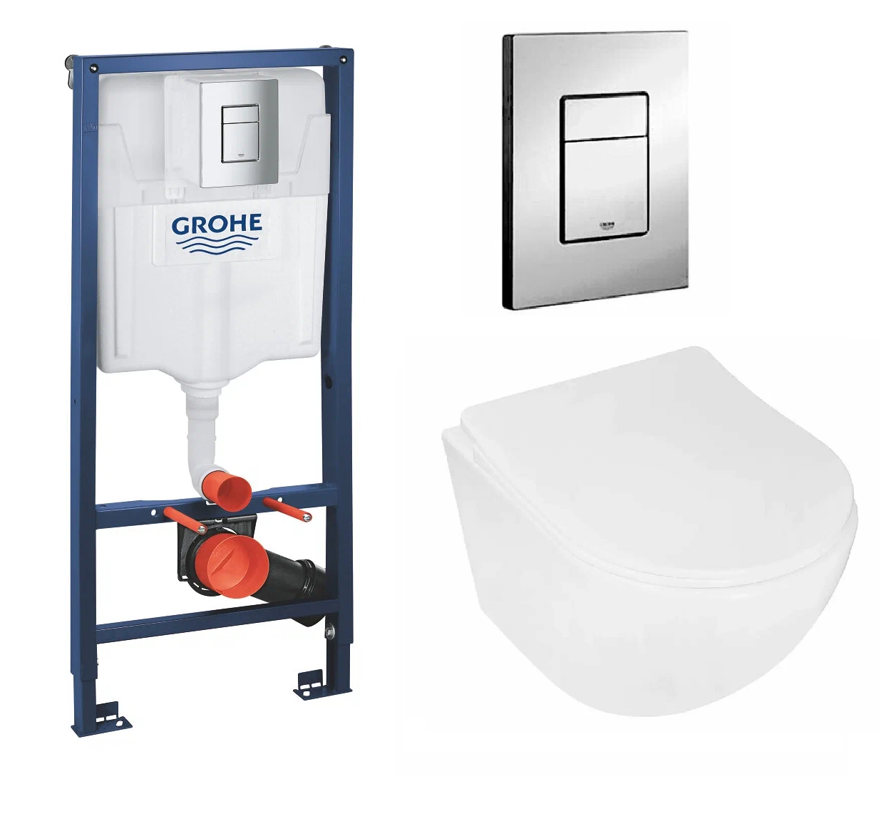 Комплект ПЭК унитаза с сиденьем микролифт и инсталляцией GROHE Rapid SL с квадратной кнопкой хром 38772001