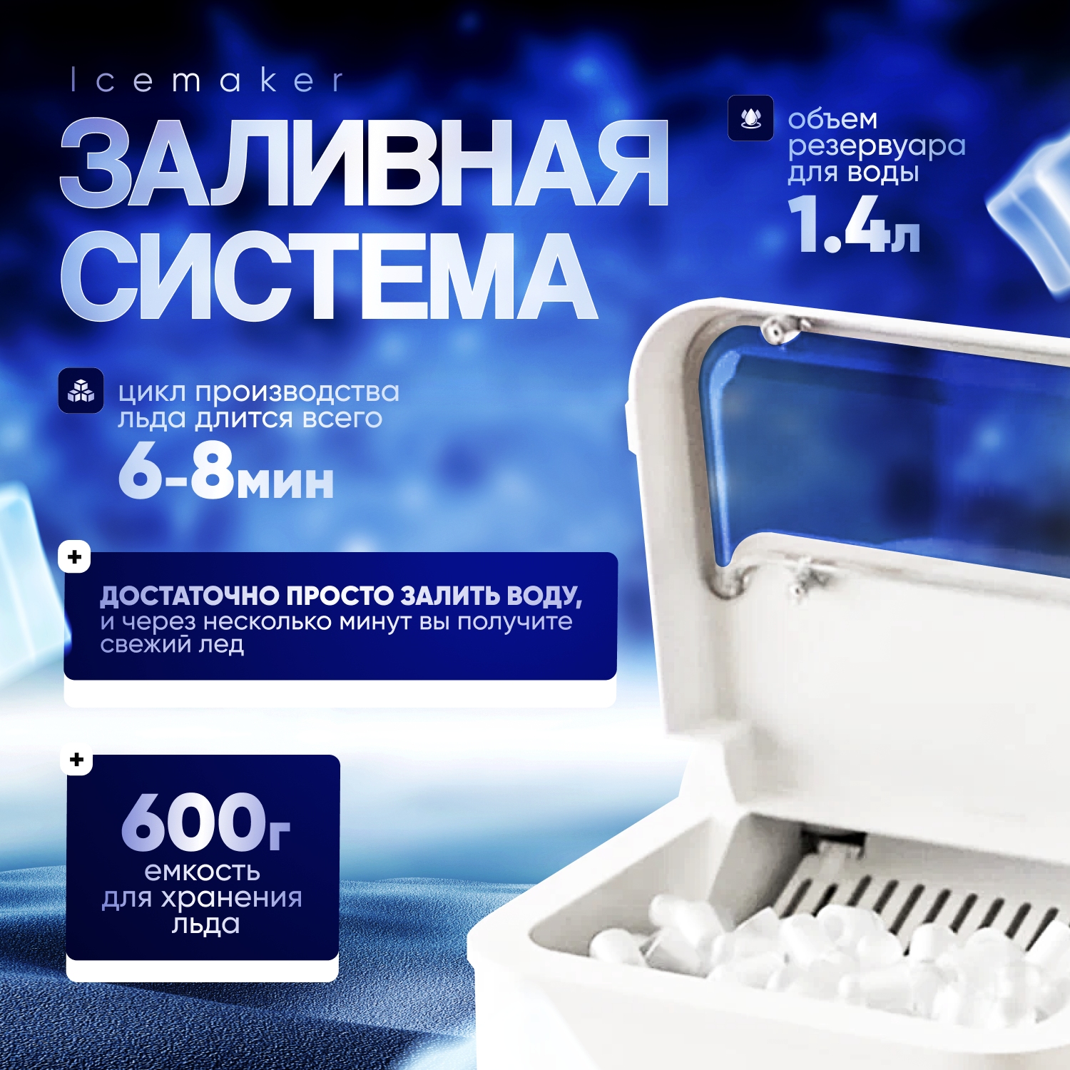 Льдогенератор Icemaker, настольный, белый, 1,4 л, для мороженого и напитков, 12кг/сутки — фото 1