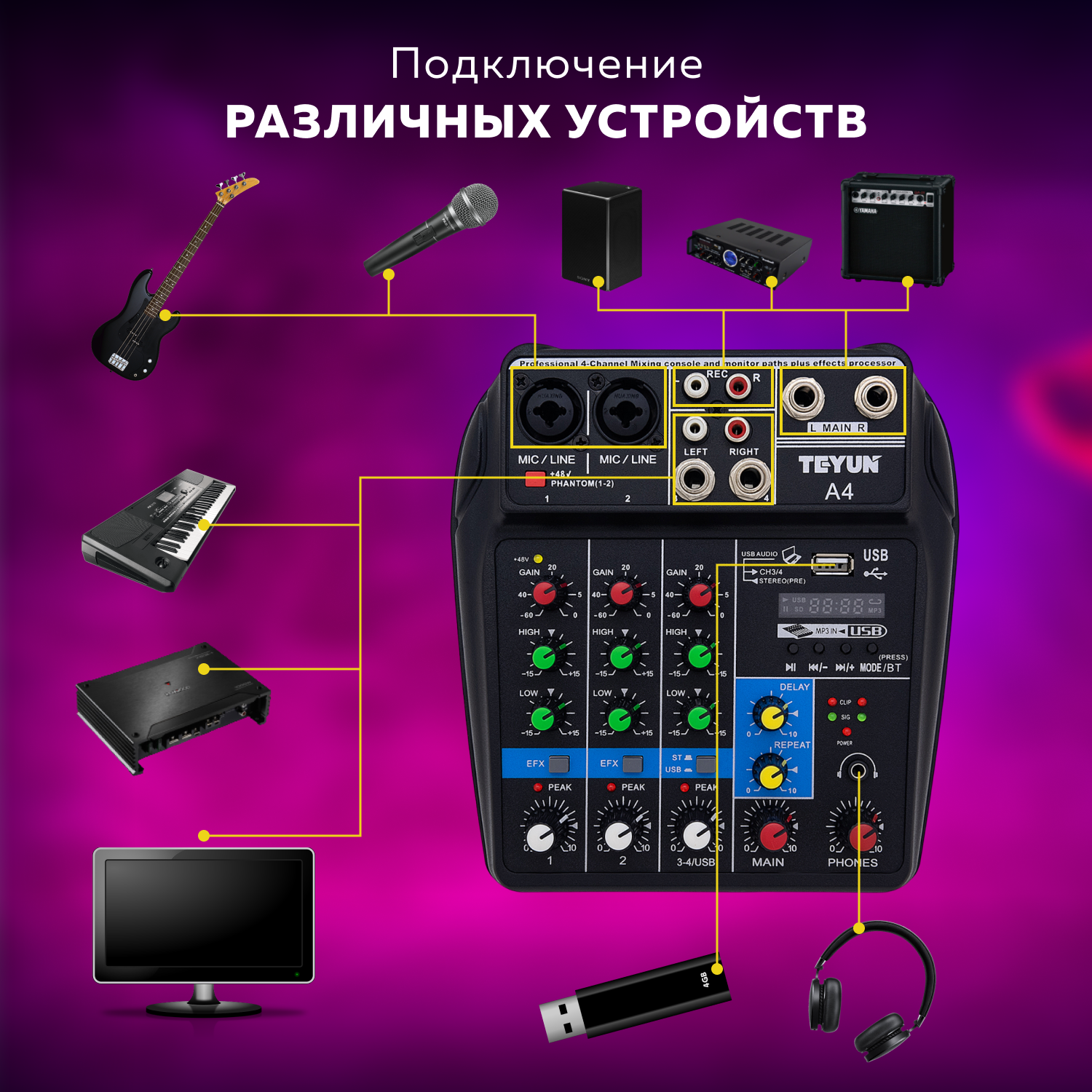 Микшер Ground BT-154Z, 4 канала, с Bluetooth, для концертов, черный — фото 1