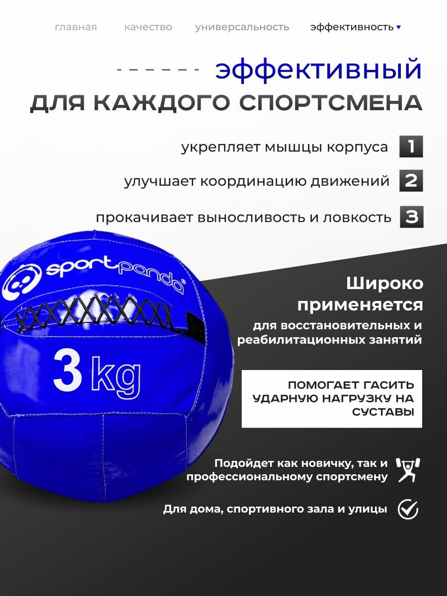Медбол SportPanda, ПВХ, диаметр 38 см, 3 кг, армированные швы — фото 1