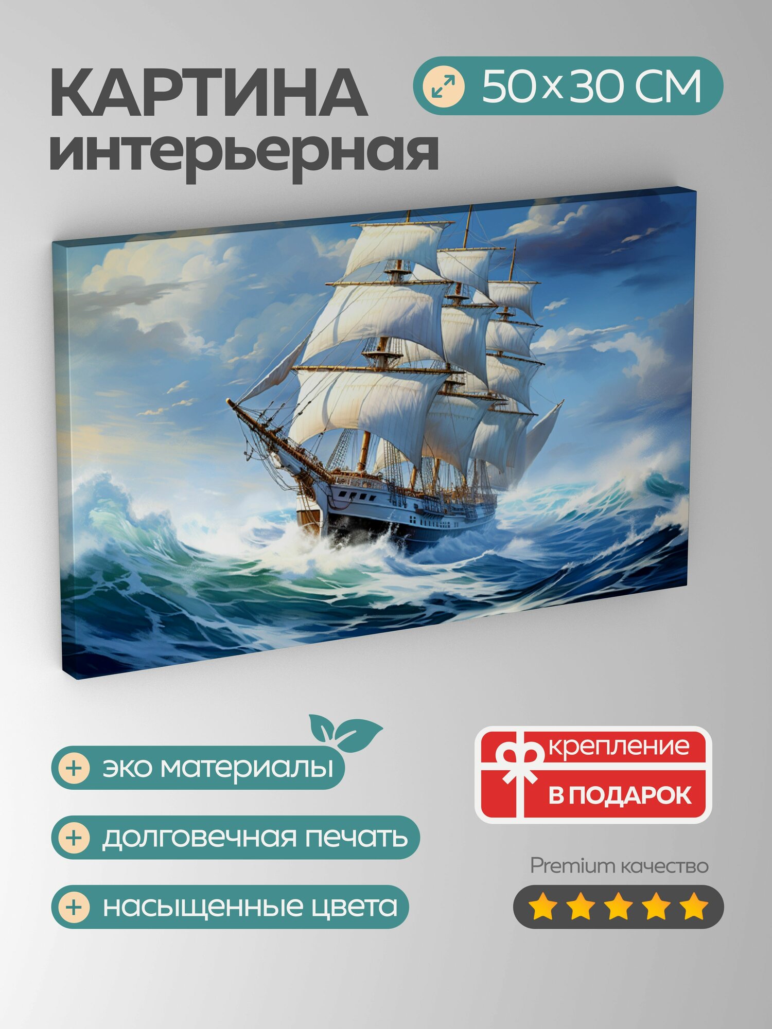 Картина на холсте интерьерная 50х30 см моряк парусник океан синие моря волны судно лицо моряка решимость