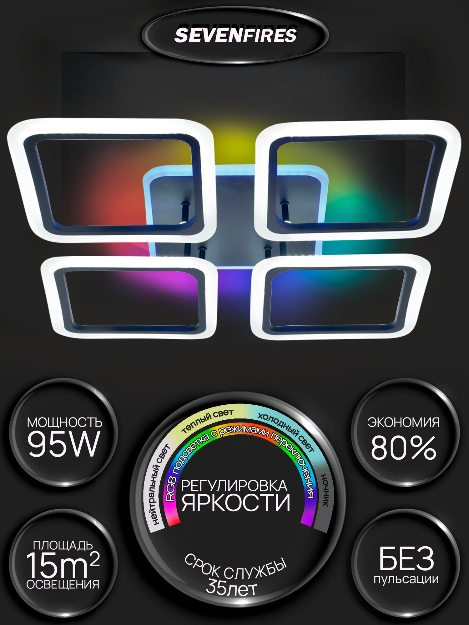 Люстра потолочная светодиодная Семь Огней  черная  с пультом и RGB подсветкой для кухни