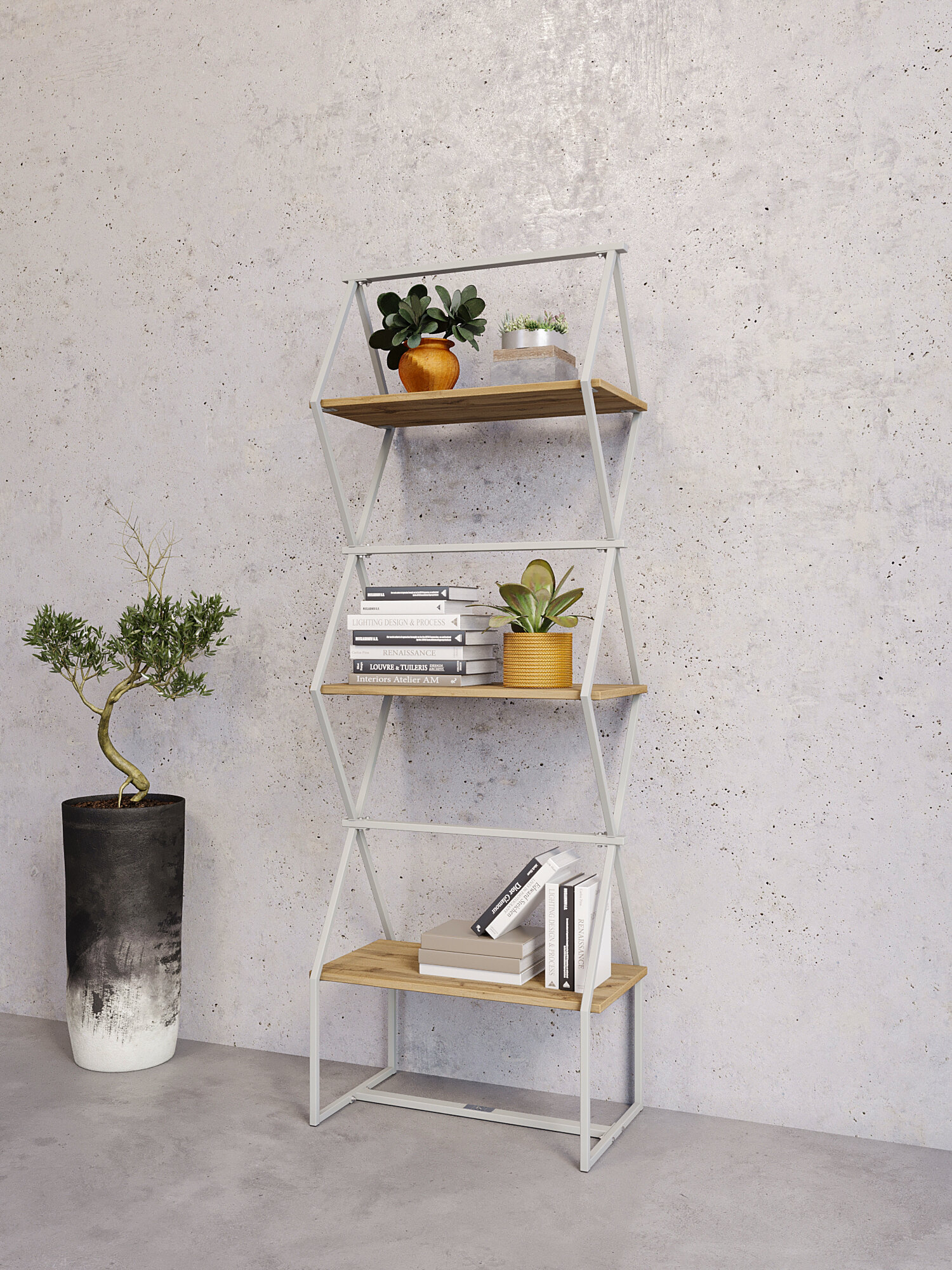 Стеллаж для книг KM LOFT Ромбо стSL белый/дуб вотан лофт для дома в гостинную перегородка