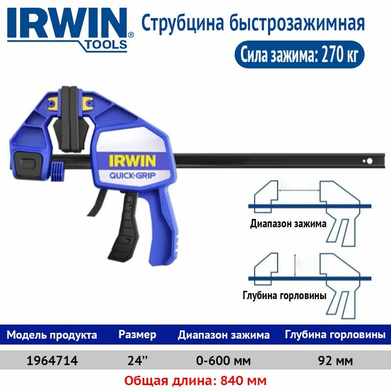 Струбцины быстрозажимные IRWIN Quick-Grip 24'600мм Усилие зажима 270 кг(1964714) 1 шт