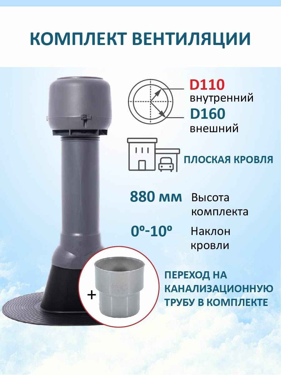 Комплект вентиляции: вент. выход Татполимер утепленный c колпаком D160 высотой Н-700 с переходом D110 , для плоской кровли