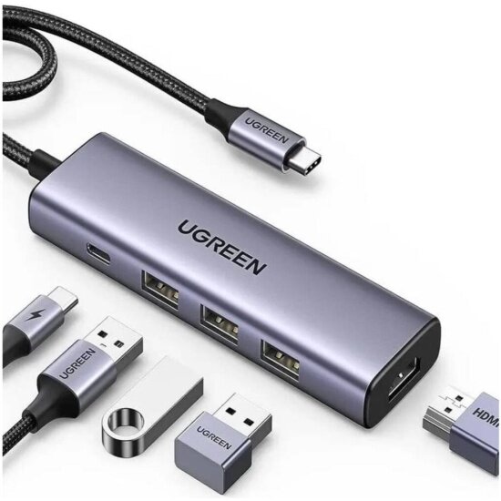 Хаб (разветвитель) Ugreen USB-C - HDMI, 3хUSB 3.0 A, PD Power Converter, серый (15597)