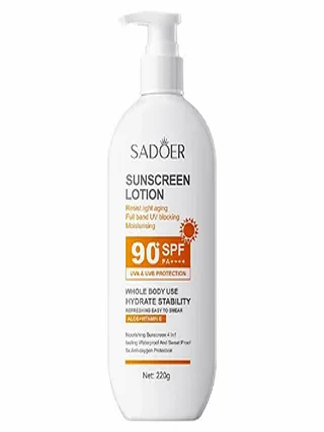 SADOER Лосьон SPF 90+ защита от UVA и UVB лучей с алоэ и витамином Е, 220 мл.