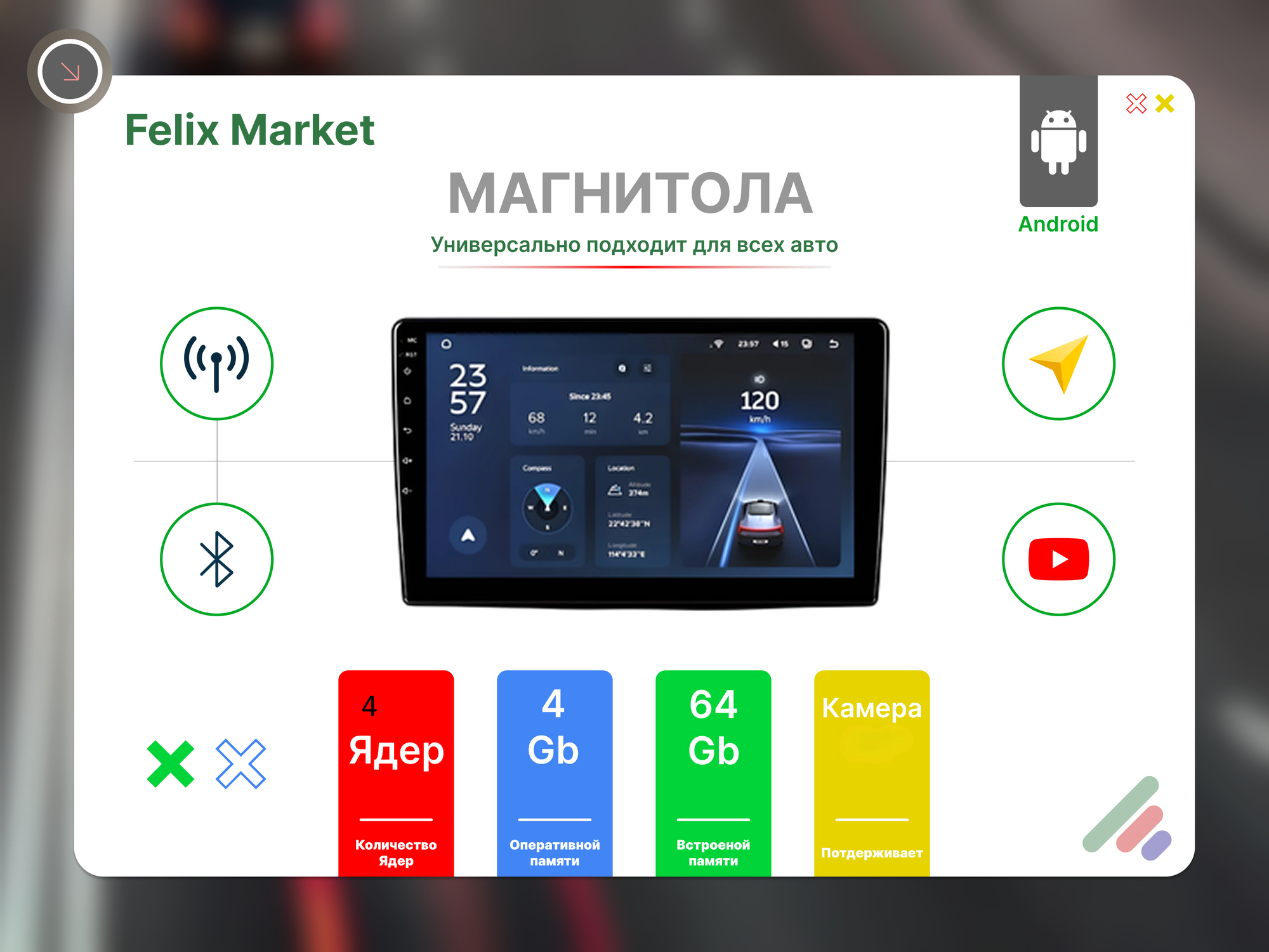 Магнитола для автомобиля с экраном 9 дюймов 2din android,4+64,4 ядра