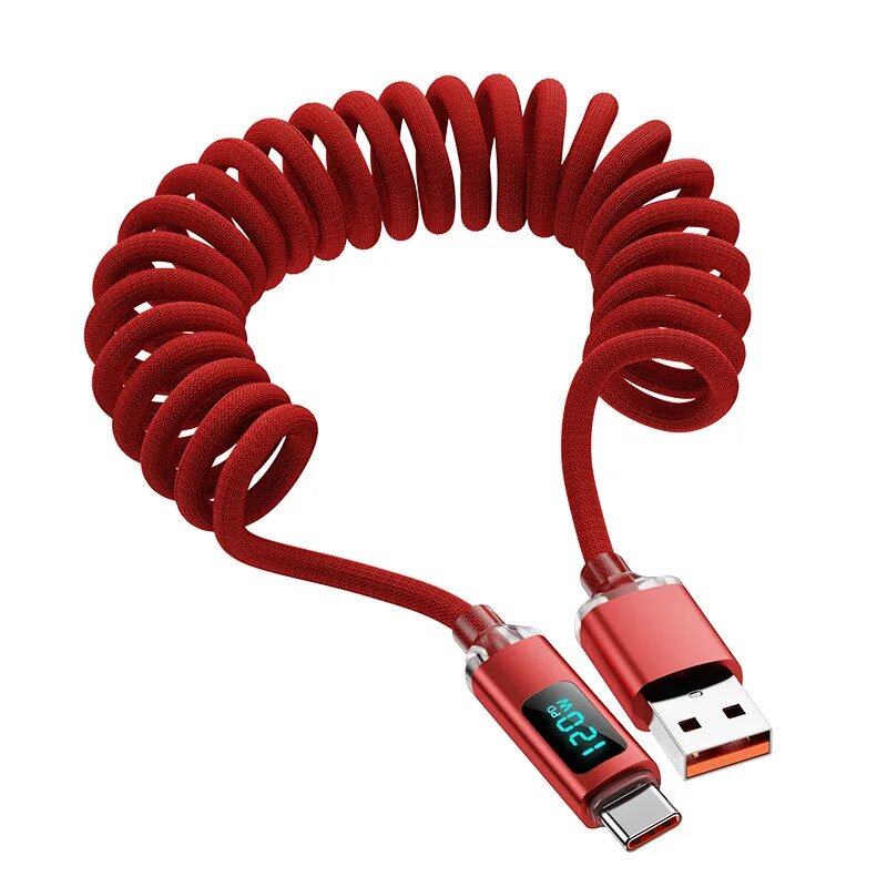 Автомобильный пружинный кабель 120 Вт с цифровым дисплеем  выдвижной USB C к типу C  кабель для быстрой зарядки для Iphone 15 16 Samsung Huawei Xiaomi  Red USB  1 м