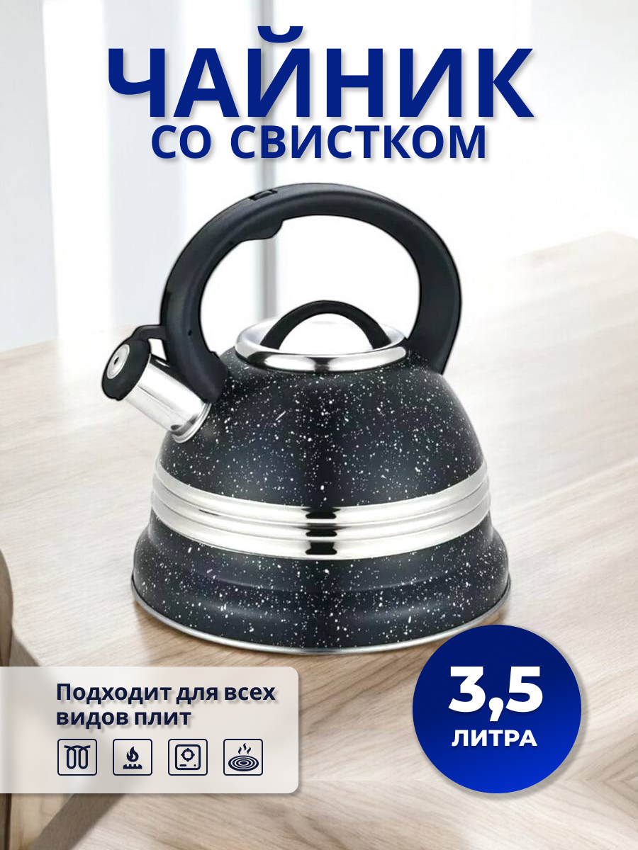 Чайник 3,5 литра стальной для всех видов поверхностей с свистком черный