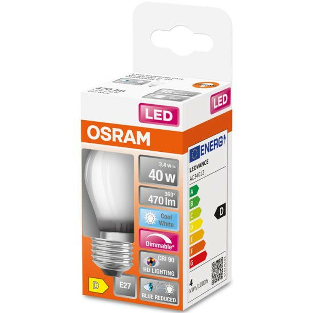 Светодиодная лампа Ledvance-osram OSRAM LED SUPERSTAR+ CL P GL FR 40 dim 3,4W/940 E27 Ra90