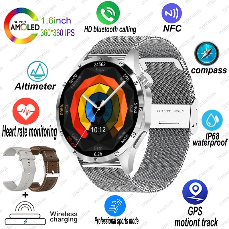 GT5 PRO умные часы Men AMOLED экран GPS трек Bluetooth звонок NFC компас водонепроницаемый спорт умные часы Huawei, Silver mesh belt, GT5 Pro GPS NFC