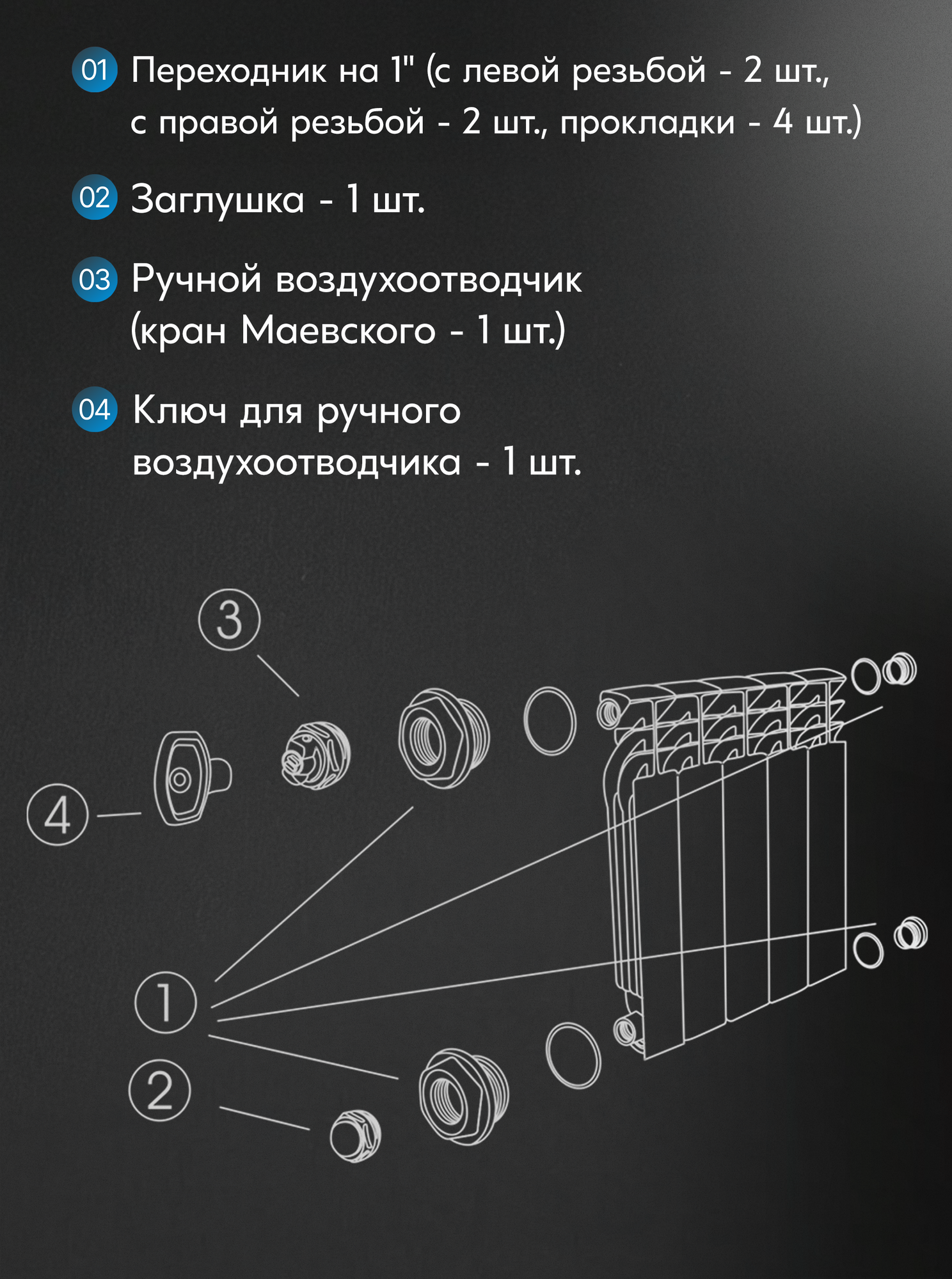 Монтажный комплект для радиатора 3/4"дюйма 7 предметов — фото 1