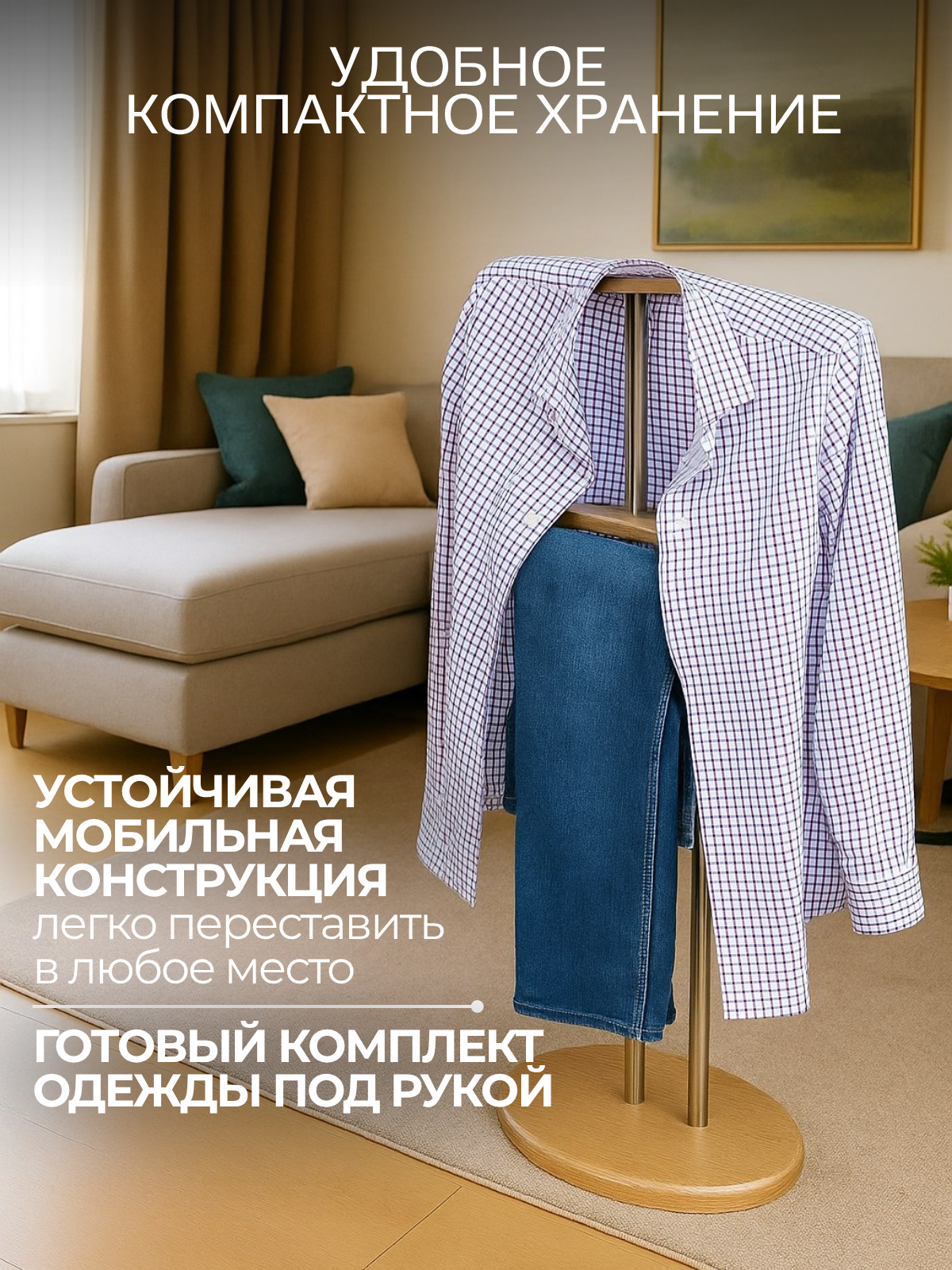 Вешалка напольная для одежды , подставка для одежды металлическая/МДФ — фото 1