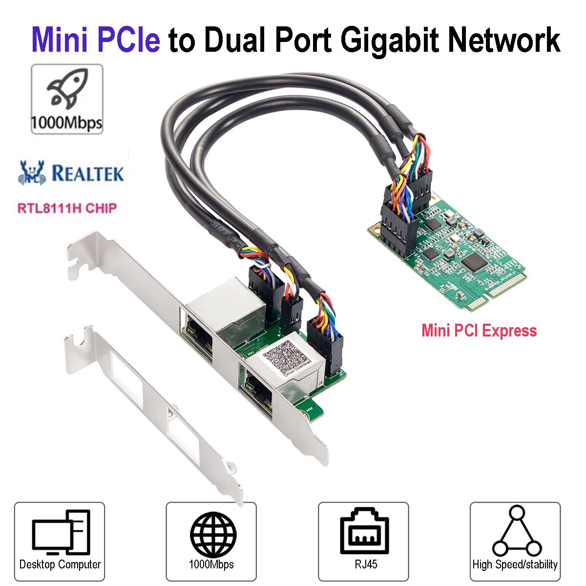 Двойной порт 1000M Mini PCIe Gigabit Ethernet Сетевая карта 1G NIC RTL8111H Чипы 2 порта RJ45 Lan 10/100/1000 Мбит/с Lan для настольных ПК