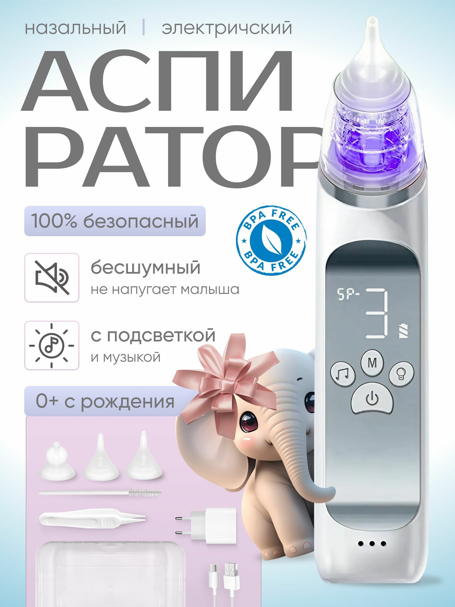 Аспиратор назальный для новорожденных соплеотсос с насадками