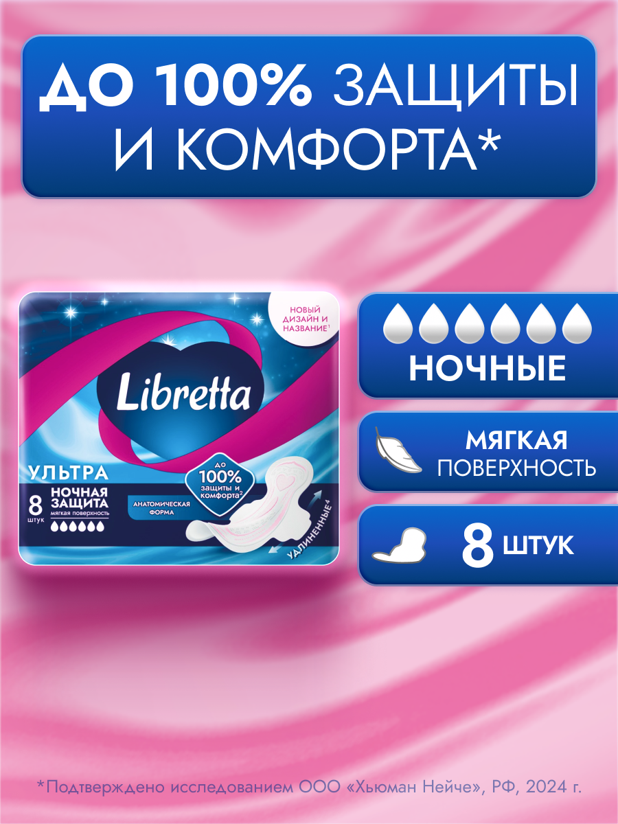 Прокладки Libretta Ультра Ночные с мягкой поверхностью, 6 капель, 8 шт.