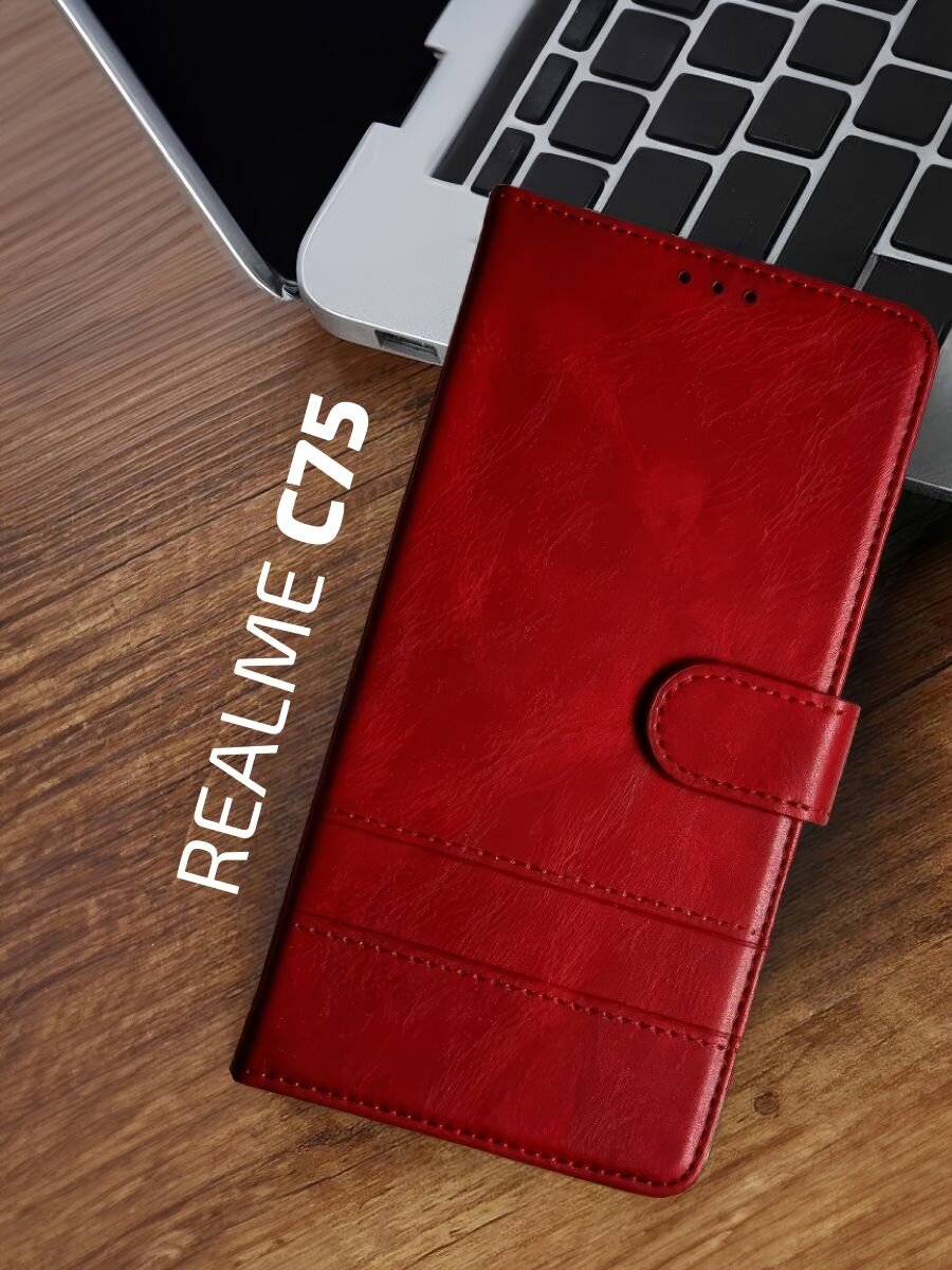 Чехол-книжка на Realme C75 / Чехол на Реалми С75 c магнитной застежкой, c хлястиком, отделением под карты и декоративной строчкой, красный