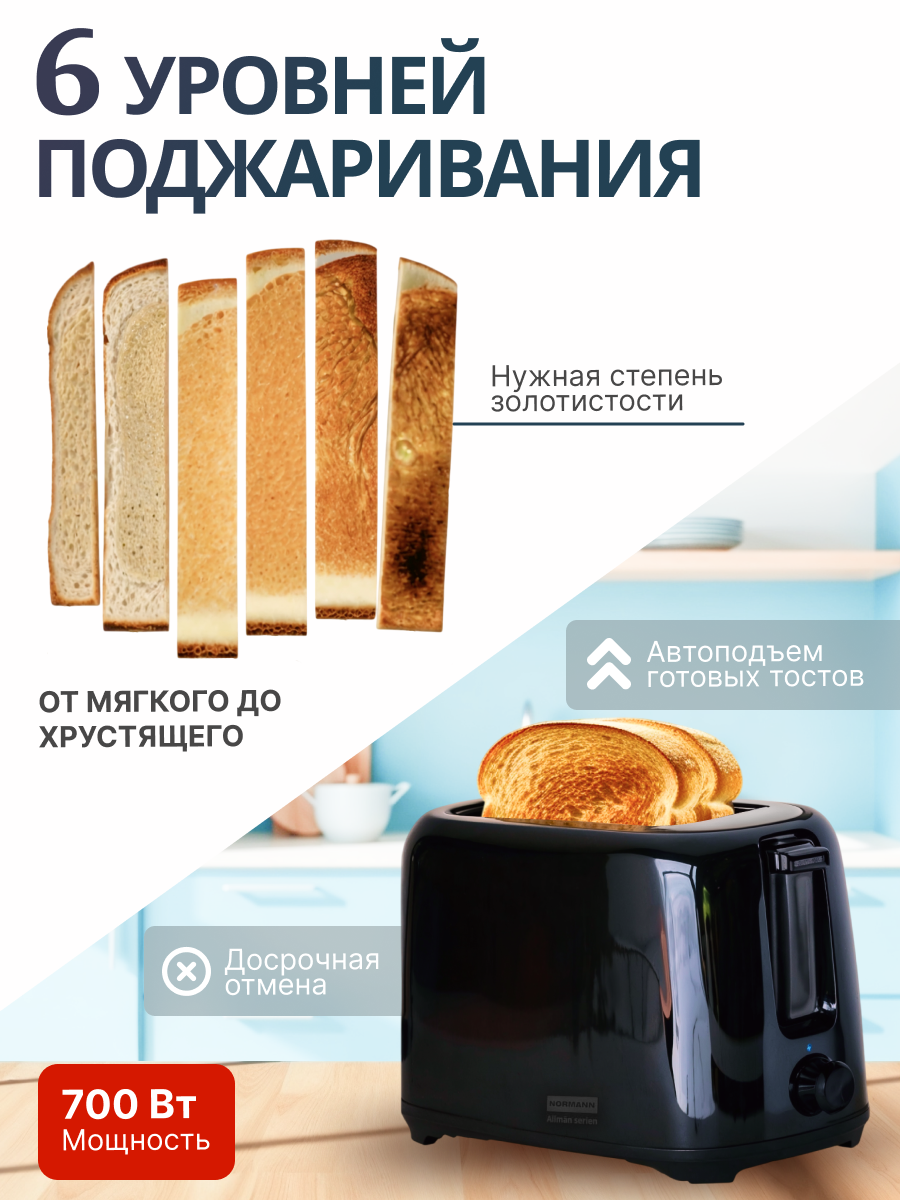 Тостер для хлеба с поддоном для крошек и регулировкой мощности AST-023 NORMANN черный — фото 1