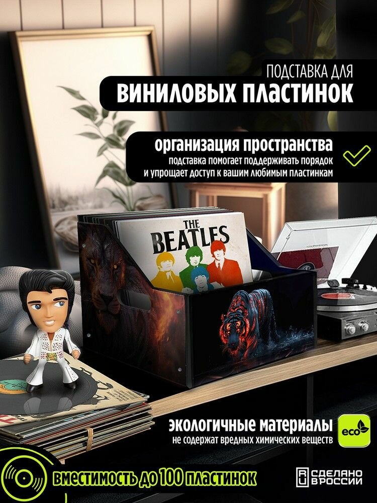 Подставка (ящик, органайзер) для хранения виниловых пластинок с принтом "Разное Животные (Лев, кот, брутальность, горящие глаза, огонь) - 6250444"