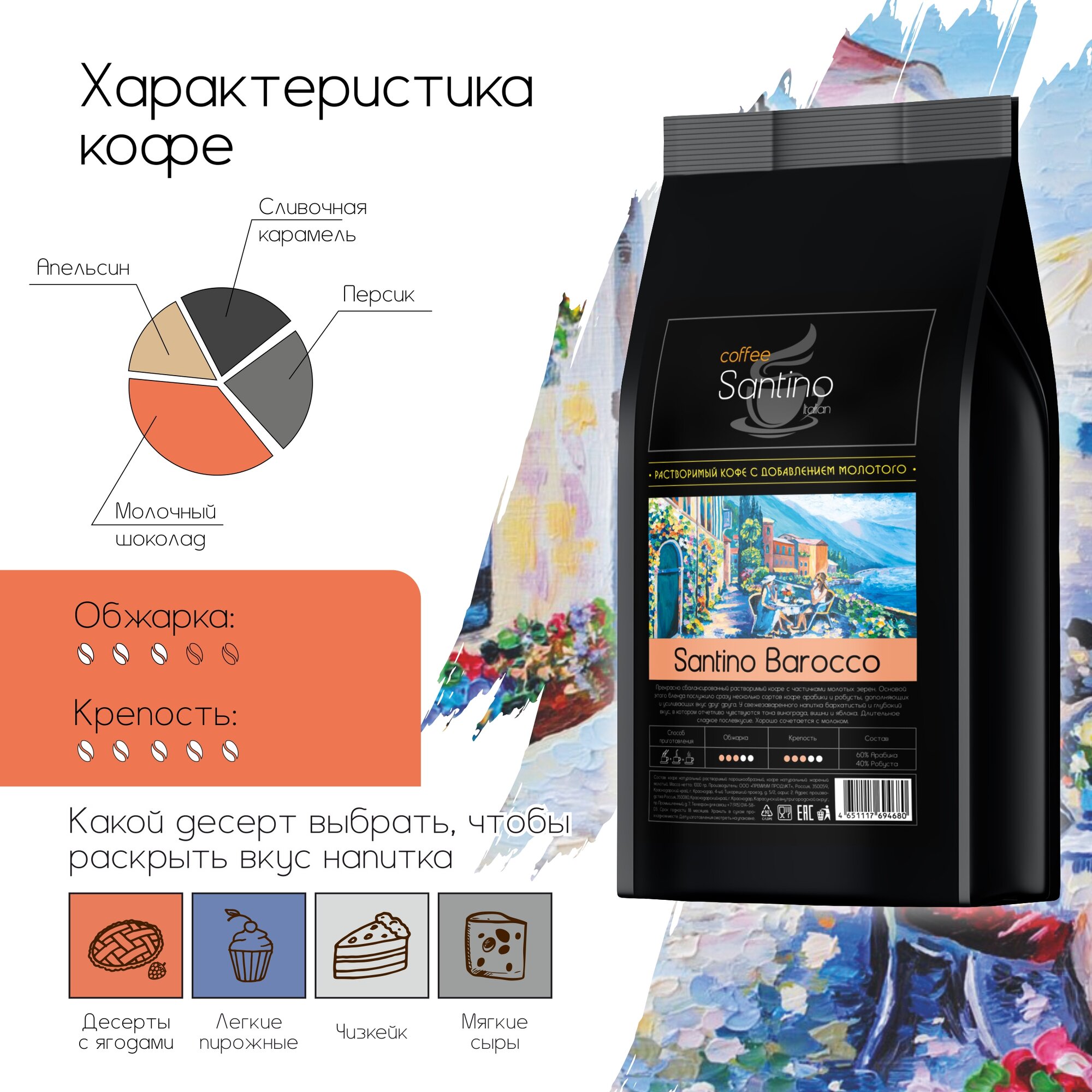 Кофе растворимый 1 кг с добавлением натурального жареного молотого кофе Santino Piacere — фото 1