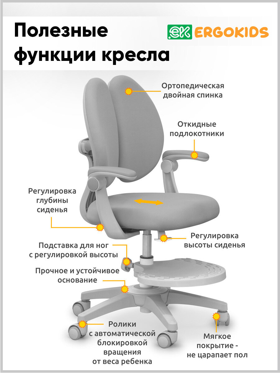 Кресло детское компьютерное для школьника Sprint Duo Grey (арт. Y-412 G) с регулируемыми подлокотниками и подставкой — фото 1