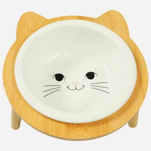 Изображение товара Миска Mr.Kranch Bamboo для кошек керамическая белая на бамбуковой подставке 400 мл VLT-MKR543707