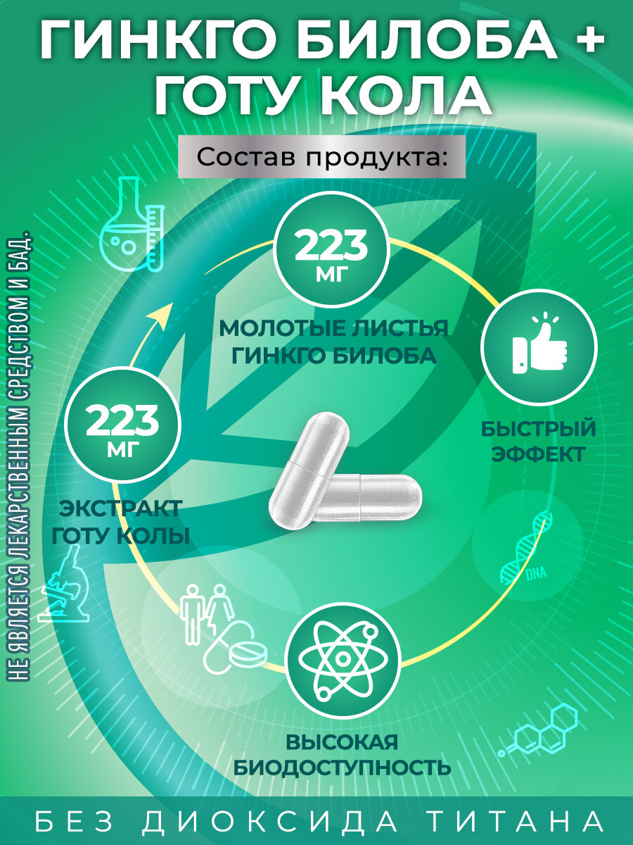 Гинкго Билоба и Готу Кола GraceBioQ для памяти, мозга, внимания, сердца, сосудов, 120 капсул. — фото 1
