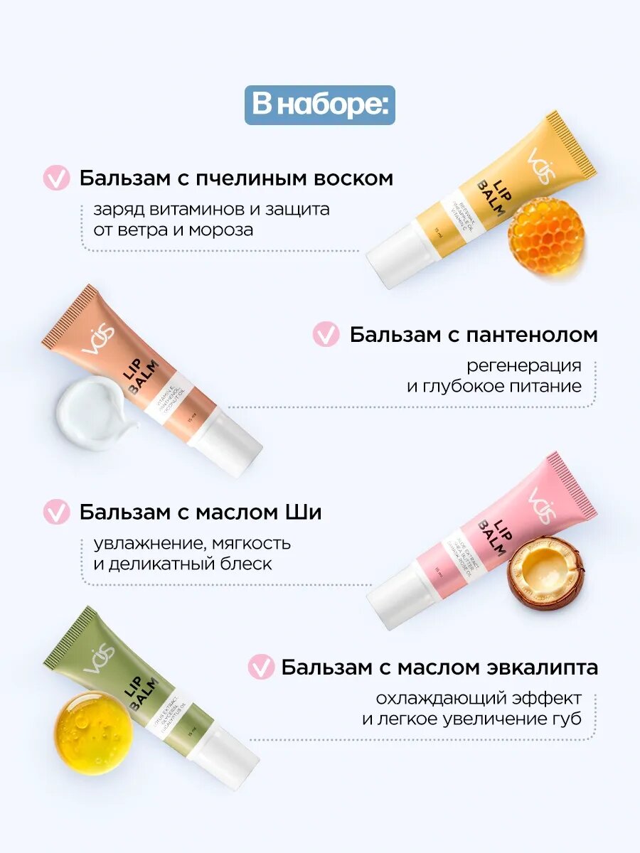 VOIS Бальзам для губ алоэ, пантенол, масло ши, от сухости губ и трещин, увлажняющий, питающий, восстанавливающий, гигиеническая помада набор подарочный 4 шт. — фото 1