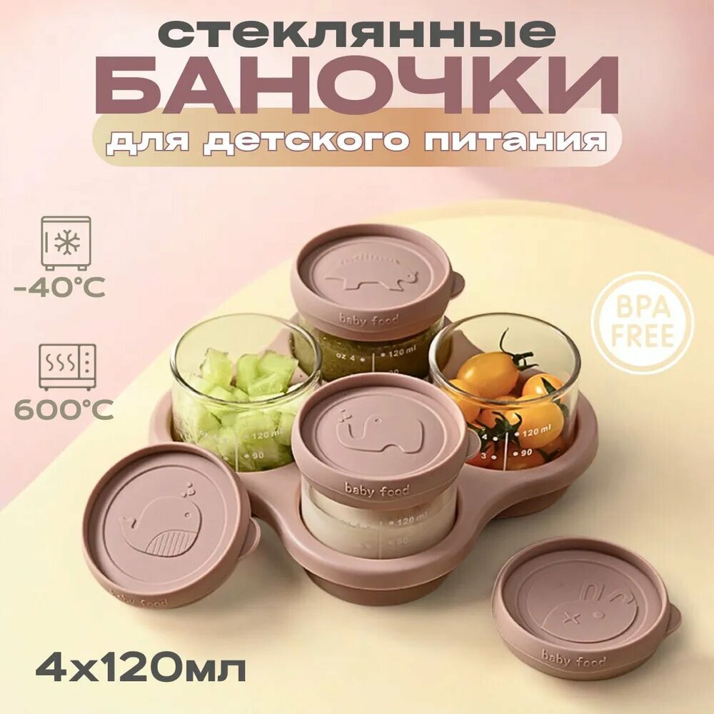 Набор контейнеров для детского питания , 4 шт, стекло, розовый