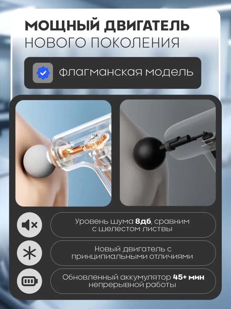 Картинки Перкуссионный массажер для тела, массажный пистолет, беспроводной, 4 насадки, глубокий массаж мышц, цвет белый