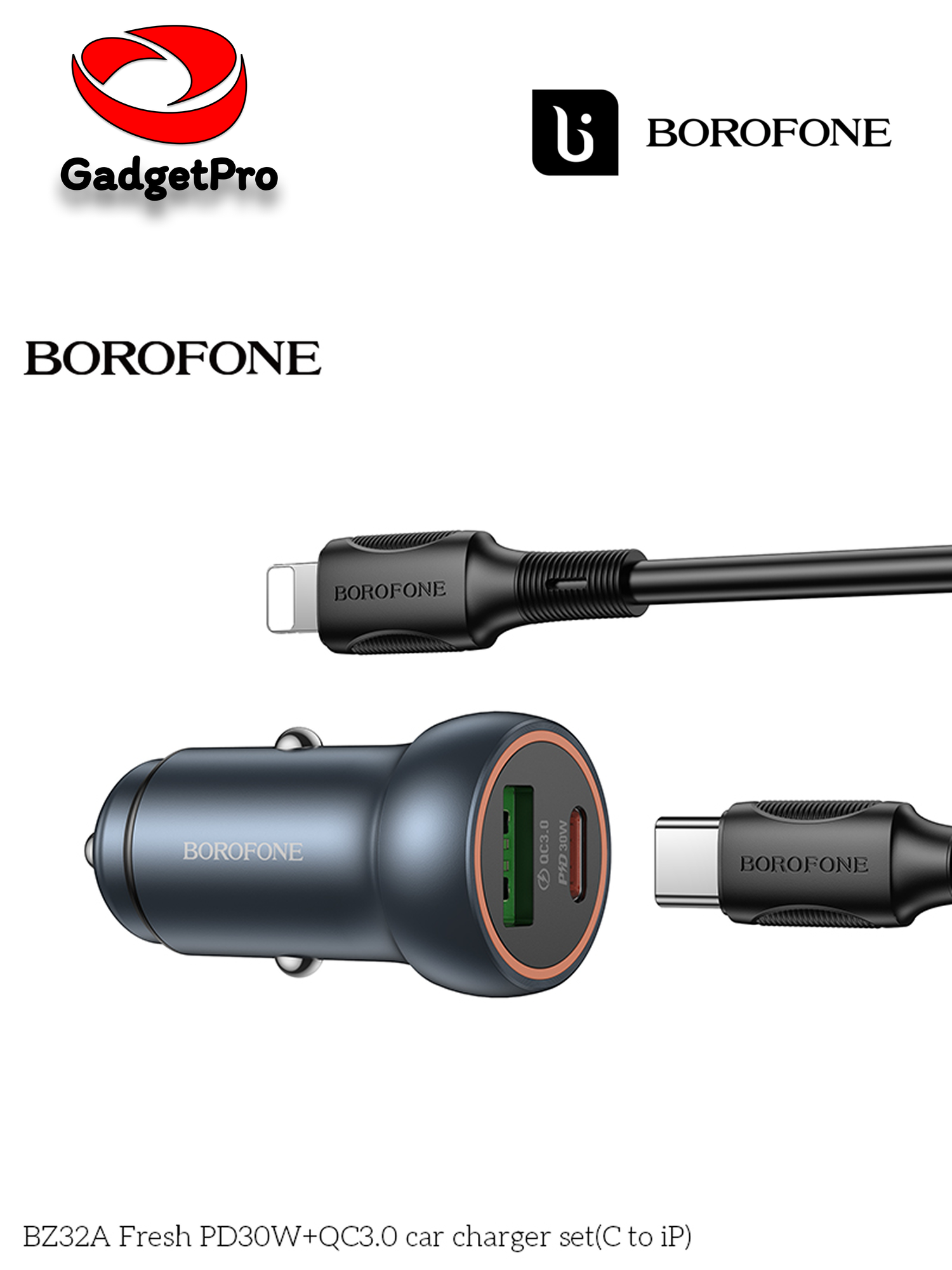 Авто зарядное устройство Borofone BZ32B 48 Вт PD30W+QC, 2 порта, с кабелем iP — фото 1