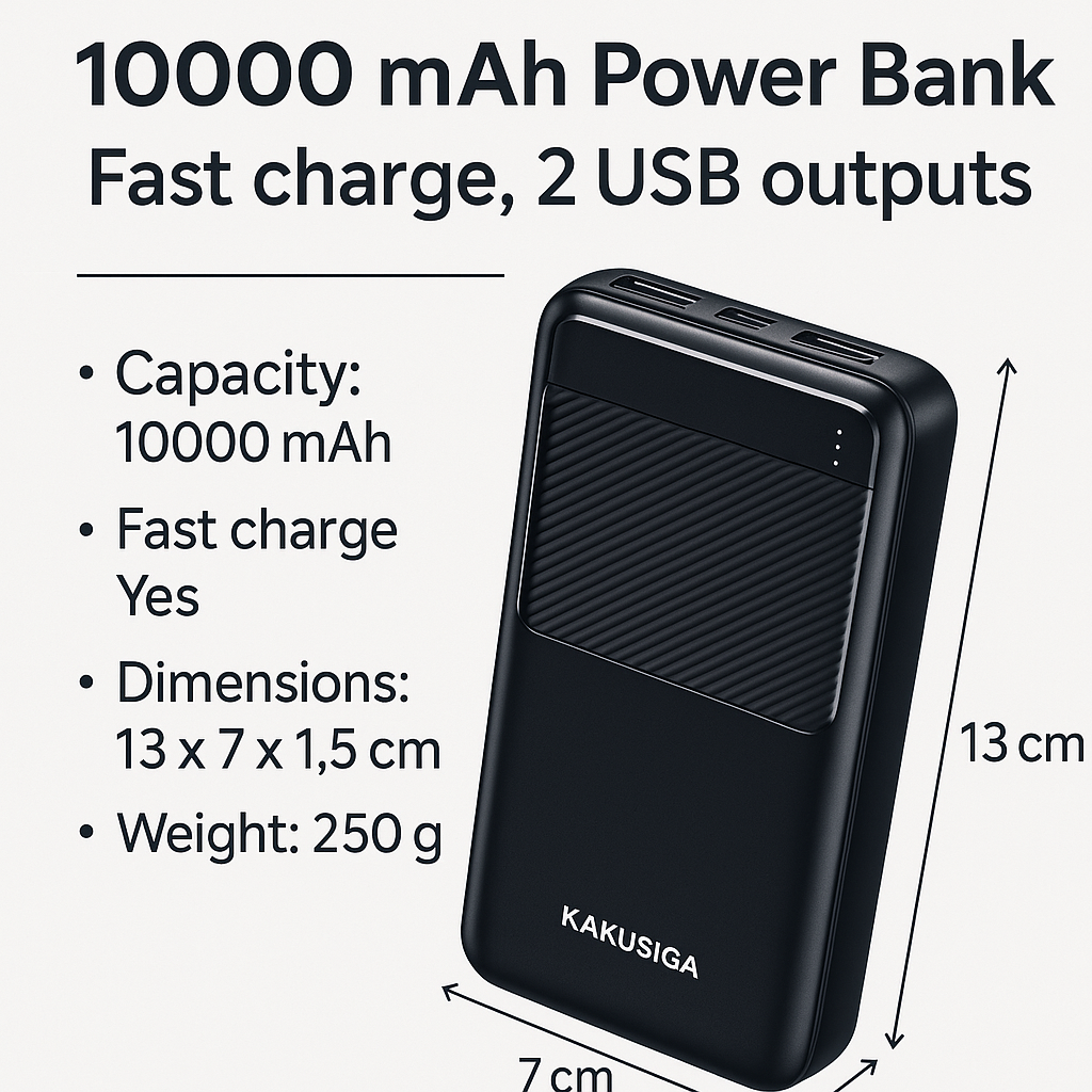 Внешний аккумулятор KAKUSIGA, 10000мАч, быстрая зарядка, 2 USB-выхода Type-C