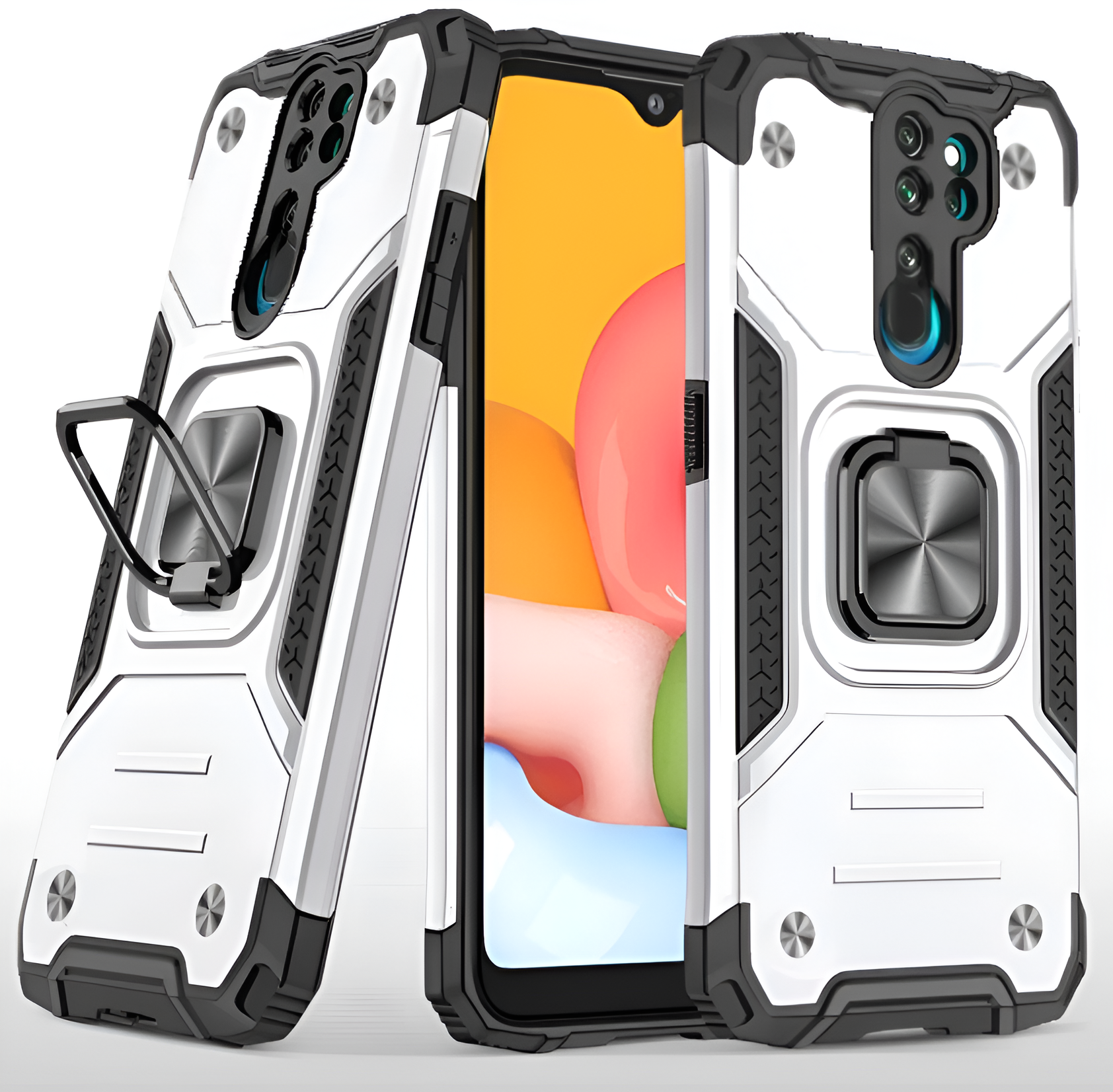 Противоударный чехол для Xiaomi Redmi Note 8 Pro серебро с пластиной для магнитного автодержателя и кольцом подставкой